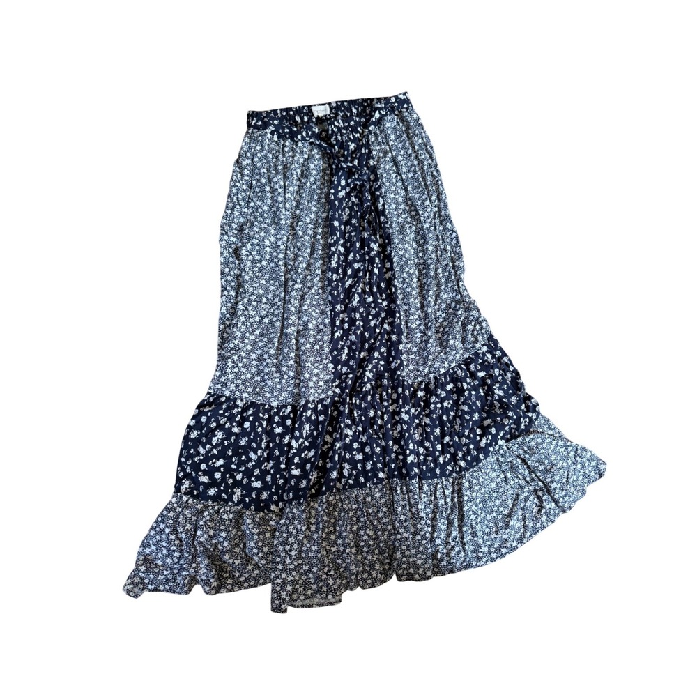 Melloday navy blue two‎ toned floral print maxi skirt prairie cottagecore